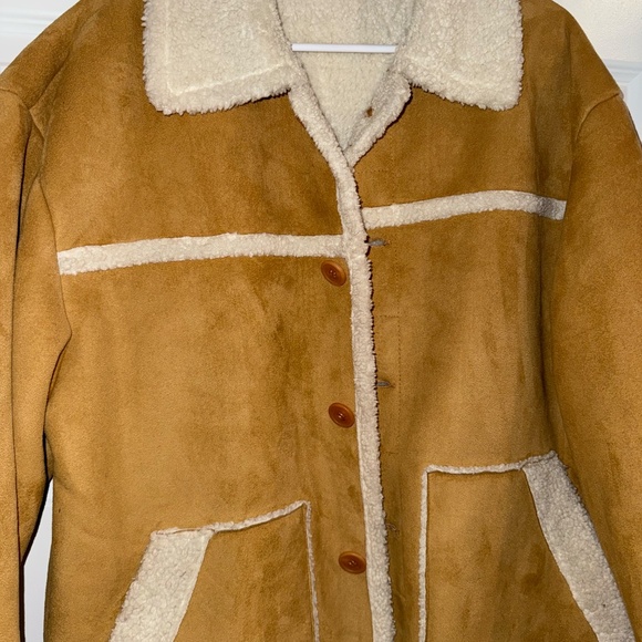 Tan Faux Suede Sherpa-Lined Jacket Cozy Button Front Coat - Picture 4 of 5